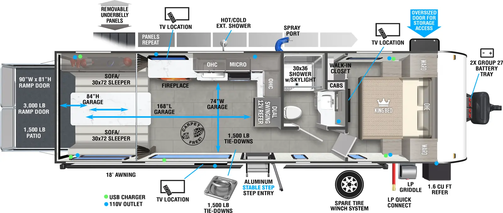 The Salem FSX 270RTK floorplan is a toy hauler that has one entry and zero slide outs. Exterior features include: fiberglass exterior, 18' awning,  outside entertainment and outside kitchen. Interiors features include: front bedroom.